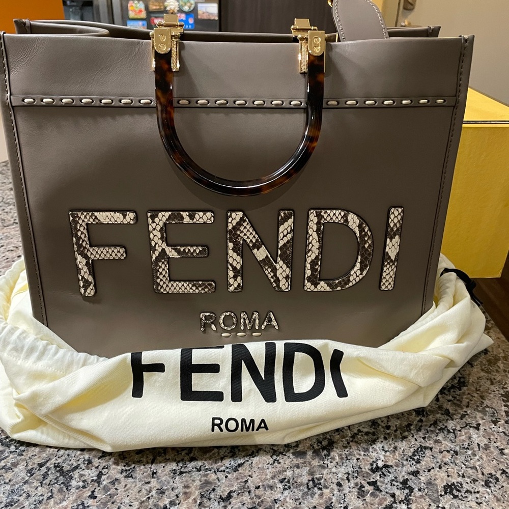 FENDI Sunshine Shopper Tote Gray Shoulder Bag Purse
